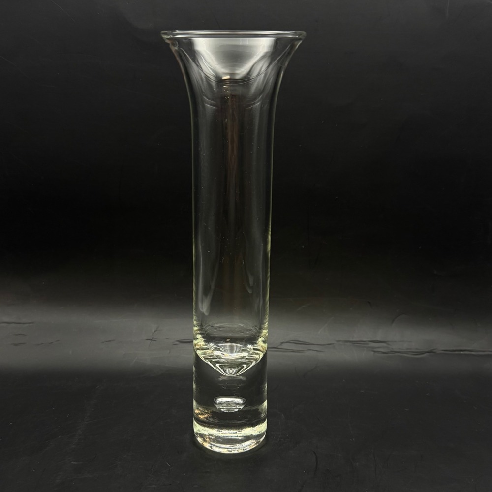 Hand Blown Clear‎ Glass Bud Vase Flared Rim Weighted Controlled Bubble Base 8.5"